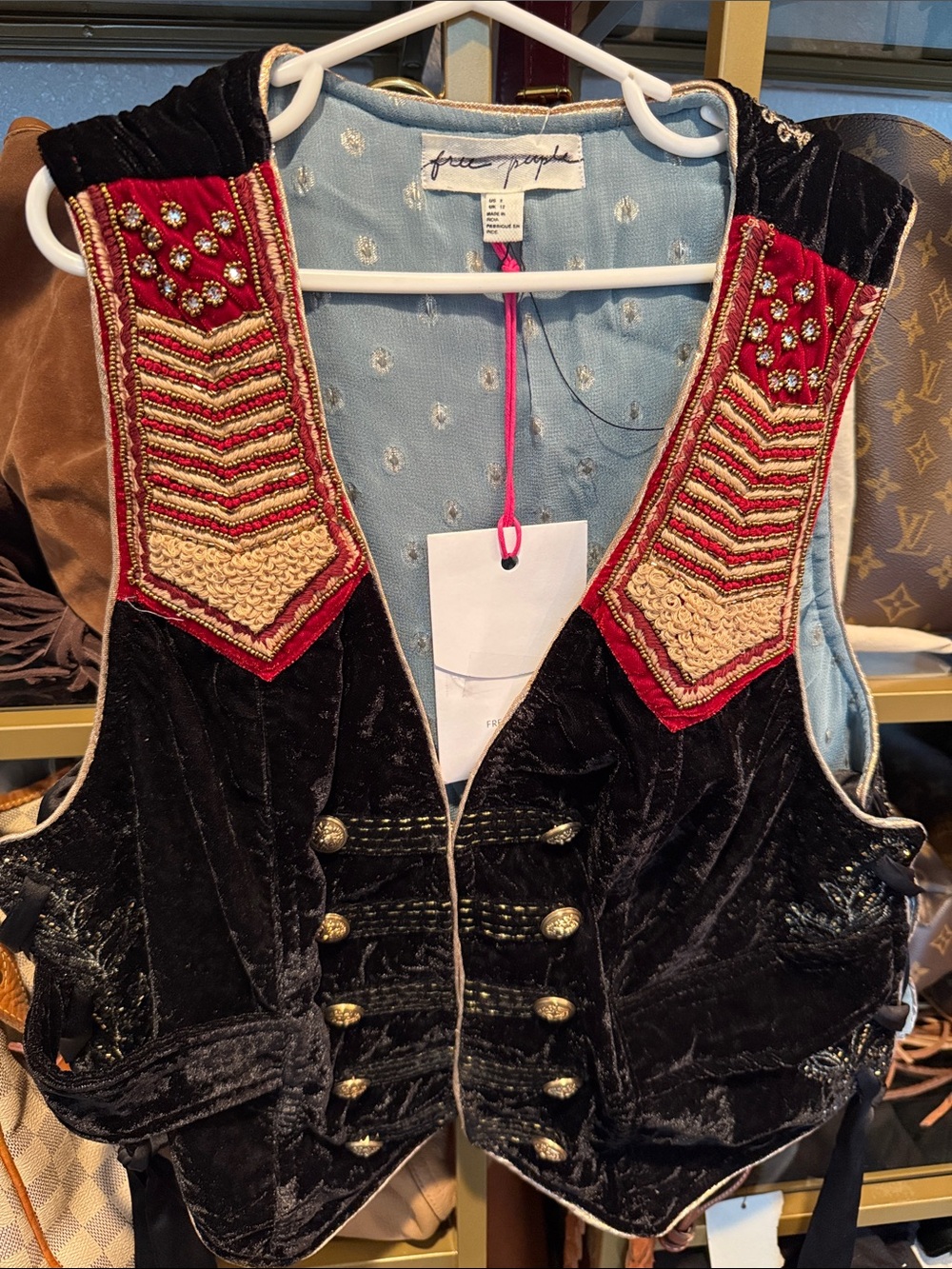 Free People Black Velvet Embellished Military-Style Vest with Red & Gold Accents